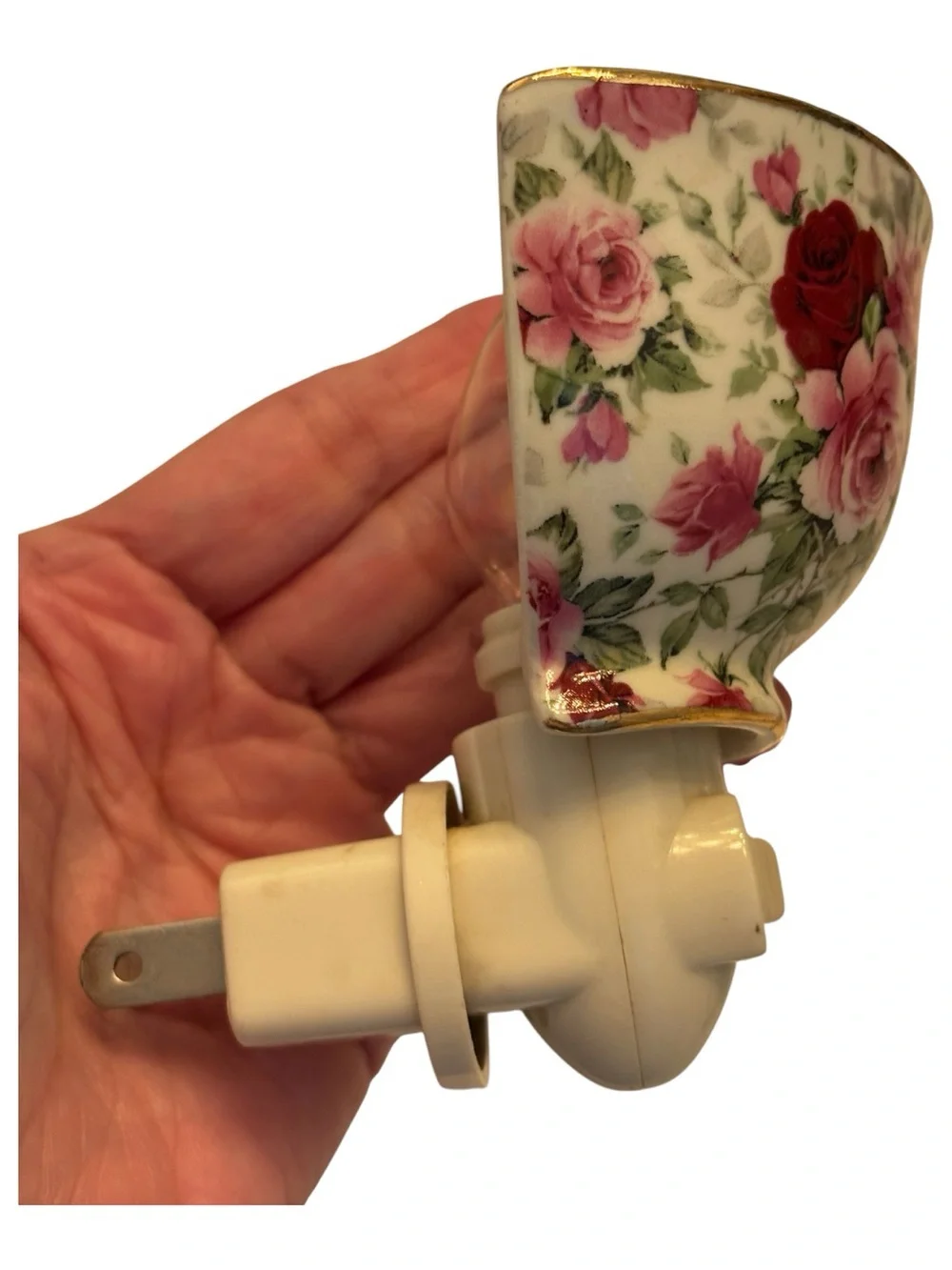 Victorian Rose Chintz Porcelain Teacup Night Light Pink Red Green Floral 4”x 5”
